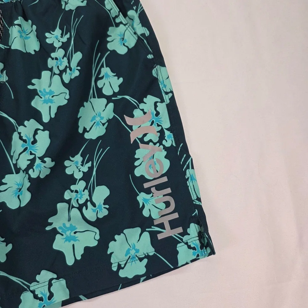Hurley Mens Board Shorts Teal Floral Hibiscus Swim Trunks Navy Blue‎ Small 7in
